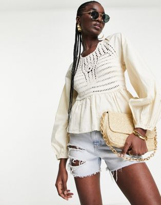 ASOS DESIGN long sleeve top with crochet detail and tie waist in stone