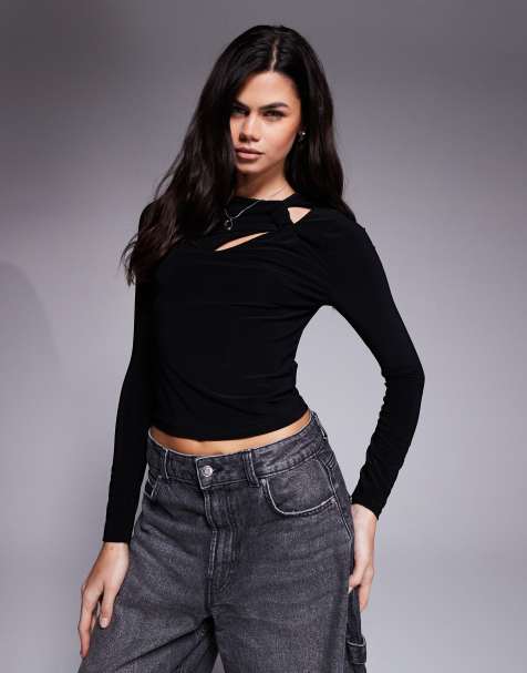 ASOS DESIGN long sleeve top with cut outs in black - view 1