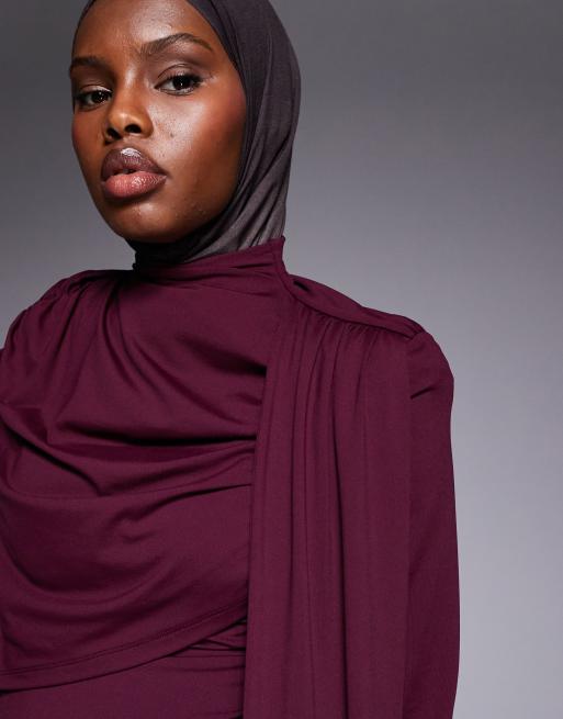 ASOS DESIGN long sleeve top with drape over scarf in plum, 4 of 4