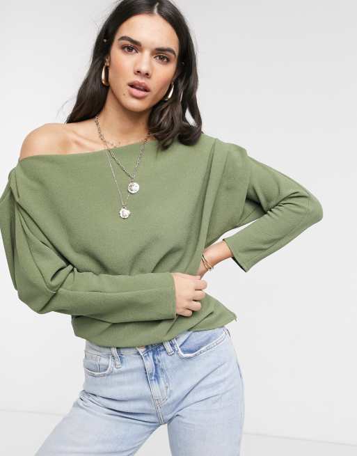 ASOS DESIGN long sleeve top with fallen shoulder in Olive ASOS