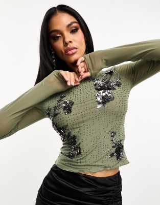 Asos Design Long Sleeve Top With Hotfix And 3d Embellishment In Dark Green