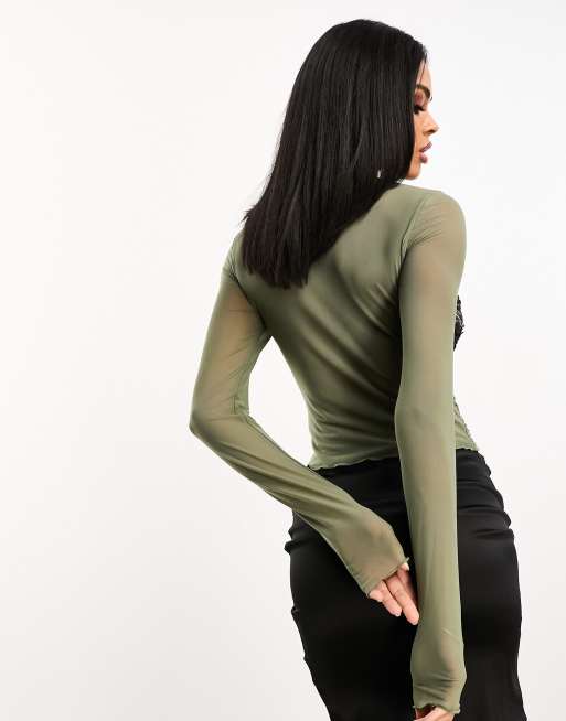 ASOS DESIGN long sleeve top with hotfix and 3D embellishment in dark green