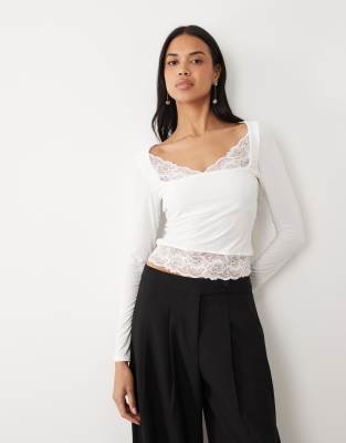 Asos Design Long Sleeve Top With Lace Inserts In White