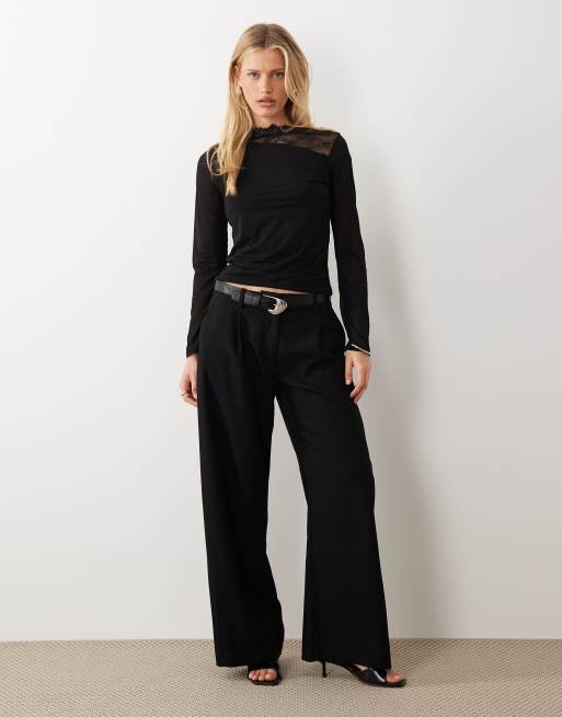 ASOS DESIGN long sleeve top with lace neckline detail in black, 3 of 4