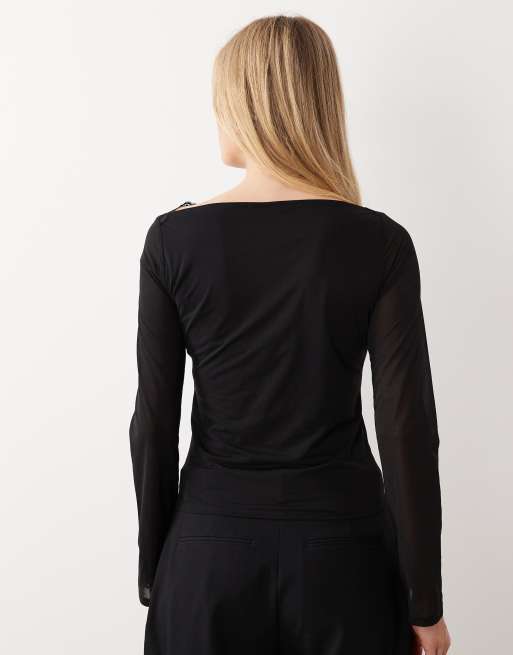 ASOS DESIGN long sleeve top with lace neckline detail in black, 4 of 4