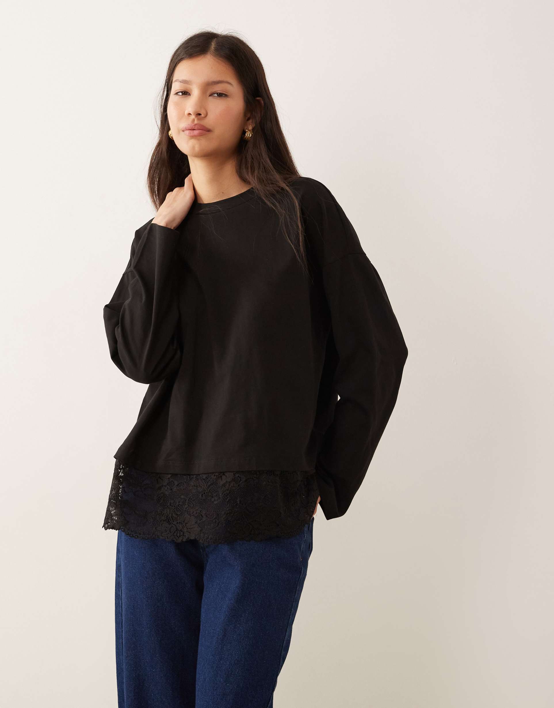 asos design long sleeve top with lace-trim hem detail in black