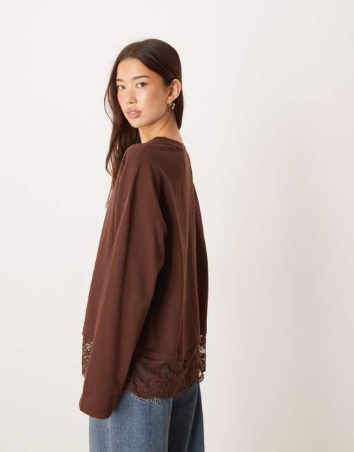 ASOS DESIGN long sleeve top with lace trim hem detail in brown, 2 of 4