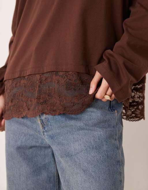 ASOS DESIGN long sleeve top with lace trim hem detail in brown, 3 of 4