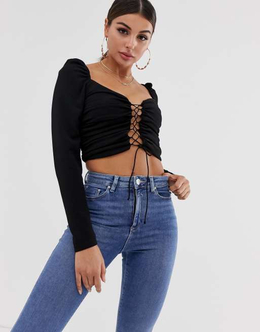 Black long sleeve outlet lace up top