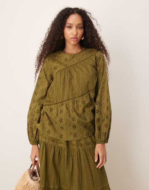 ASOS DESIGN long sleeve top with mixed broderies and volume sleeve in green - view 1