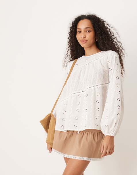 ASOS DESIGN long sleeve top with mixed broderies and volume sleeve in white - view 1