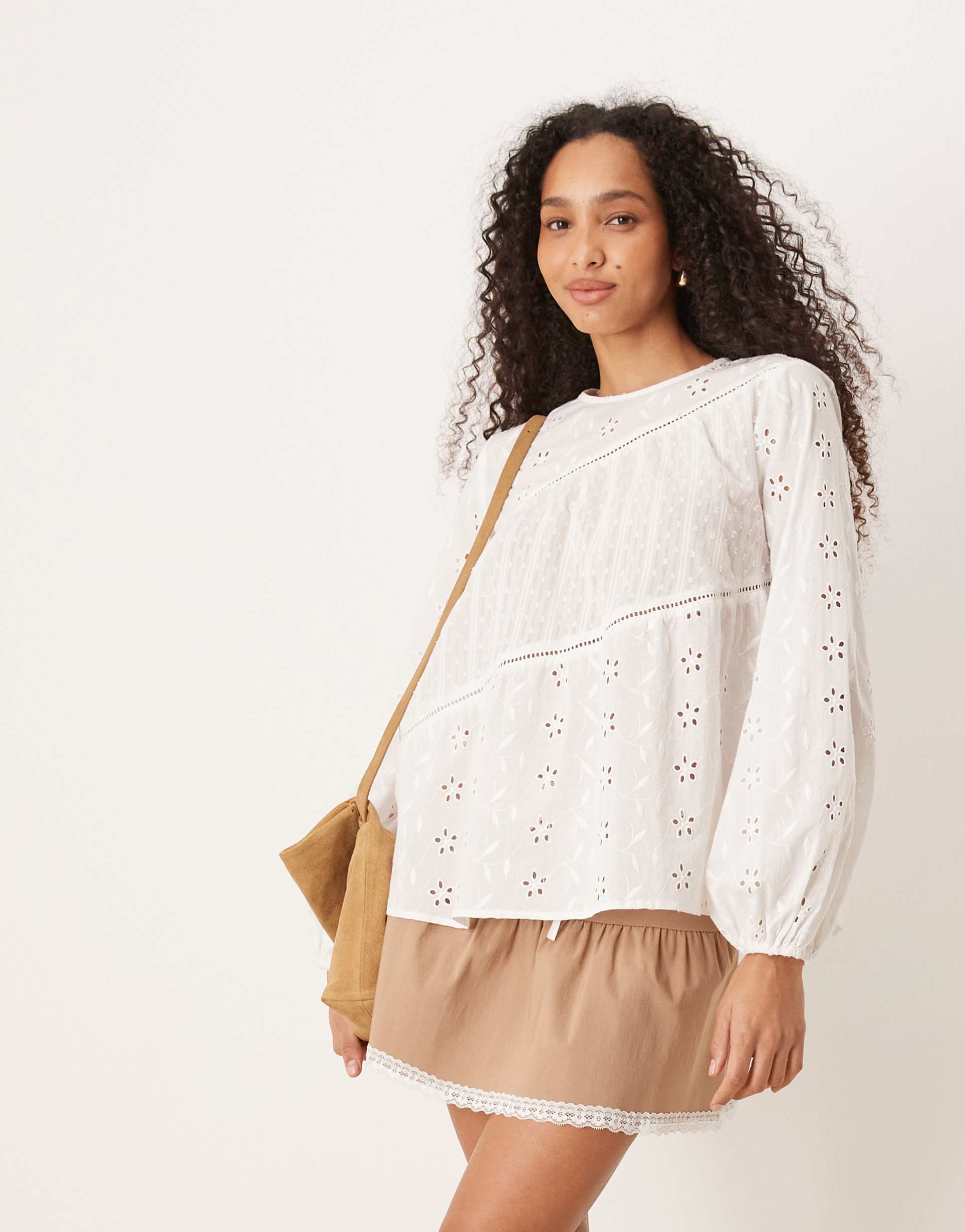 asos design long sleeve top with mixed broderies and volume sleeves in white