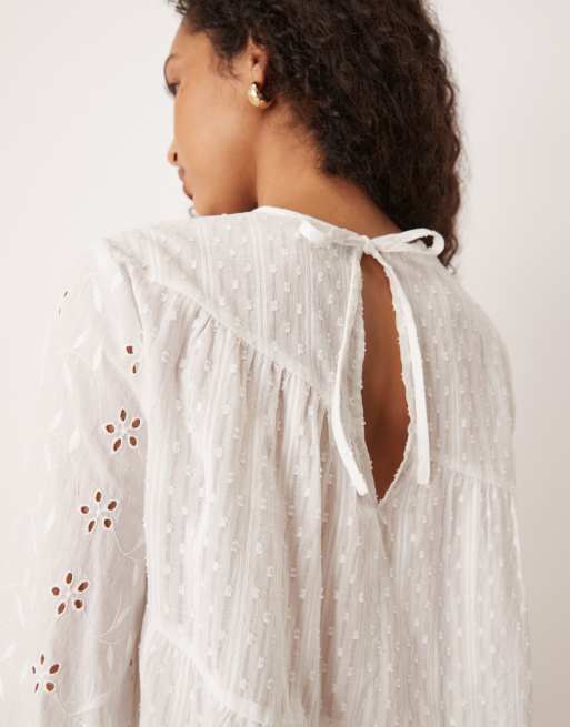 ASOS DESIGN long sleeve top with mixed broderies and volume sleeves in white