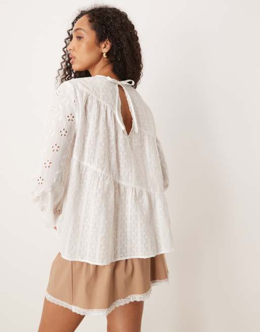 ASOS DESIGN long sleeve top with mixed broderies and volume sleeves in white