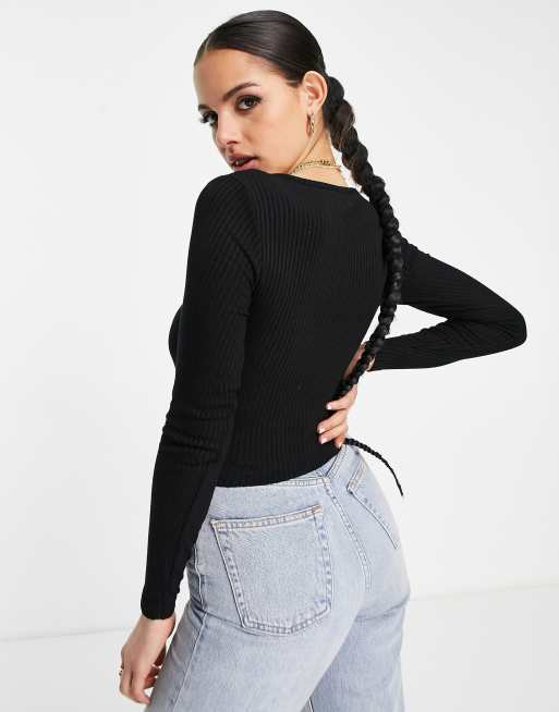 ASOS DESIGN long sleeve top with notch neck in rib in black marl, 2 of 4