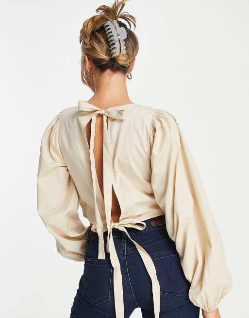 ASOS DESIGN long sleeve top with patchwork crochet detail and tassel tie in beige, 2 of 4