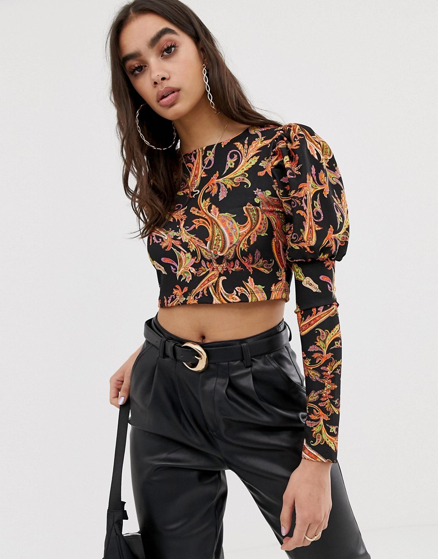 ASOS DESIGN long sleeve top with puff sleeve in paisley print-Multi