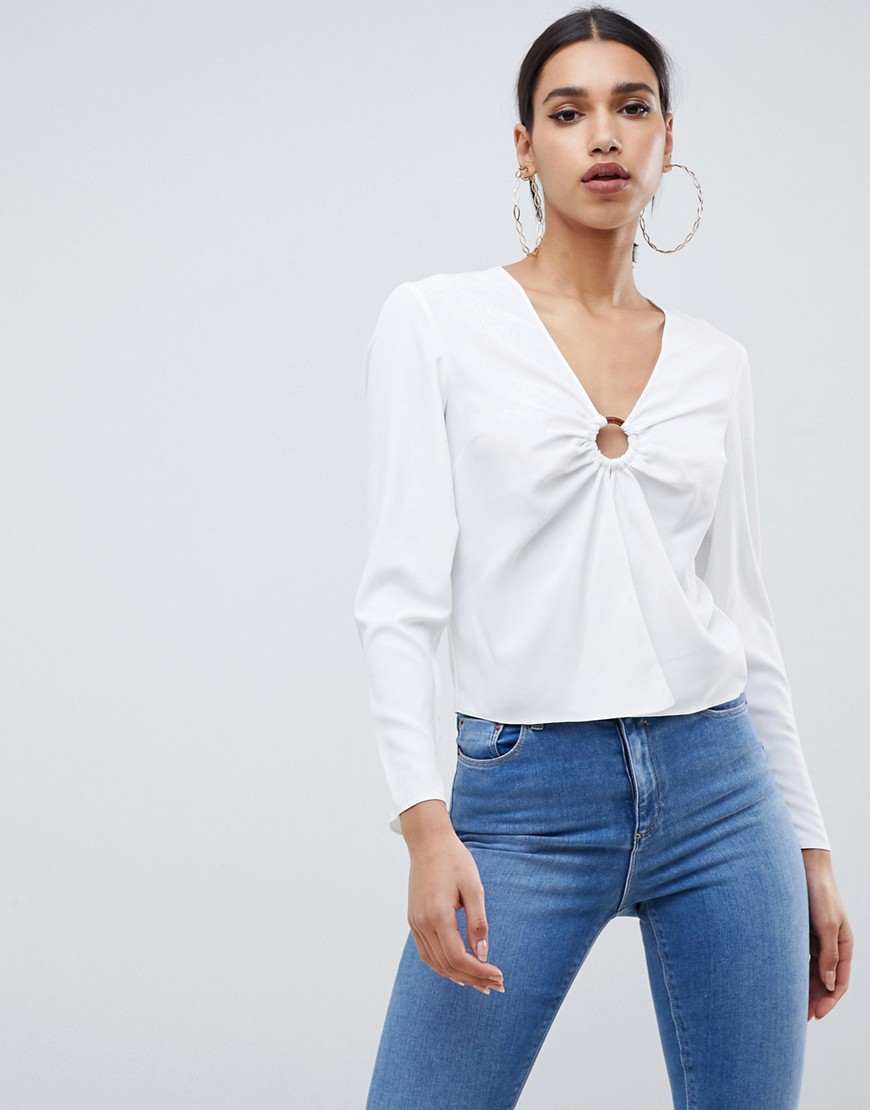 ASOS DESIGN long sleeve top with ring detail and split front-White