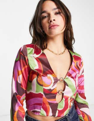 Asos Design Long Sleeve Top With Ring Detail & Choker Neck In 70s Floral Print-multi