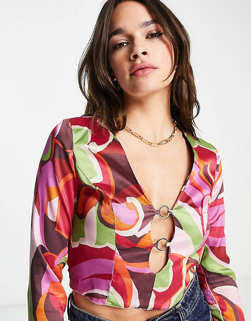 Tops Shirts & Blouses/long sleeve top with ring detail & choker neck in 70s floral print 