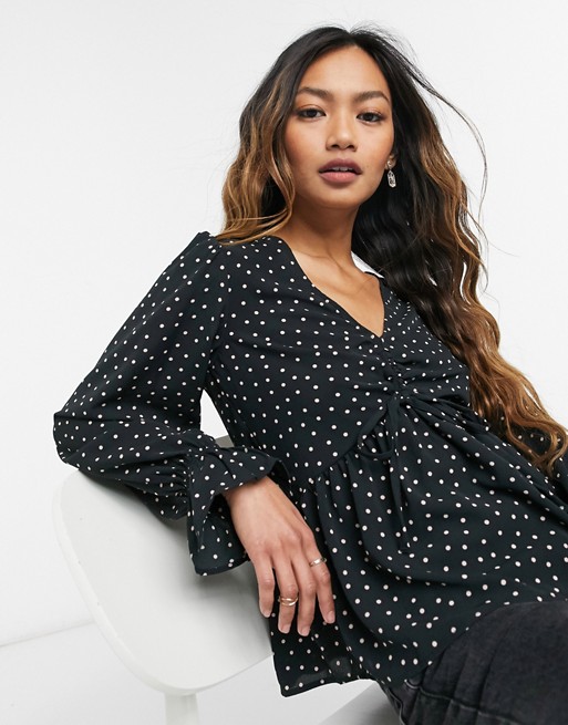 ASOS DESIGN long sleeve top with ruched front detail in spot print