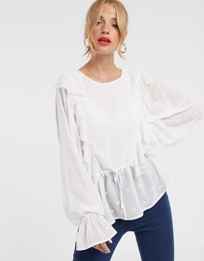 ASOS DESIGN long sleeve top with ruffle detail and embroidery-White