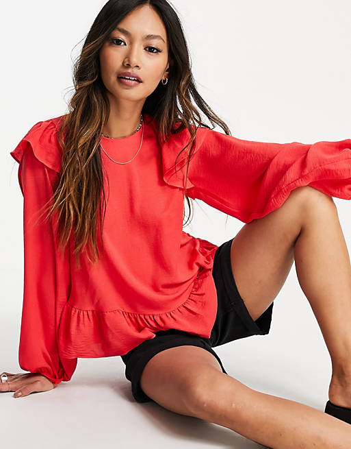  Shirts & Blouses/long sleeve top with ruffle detail in deep coral 