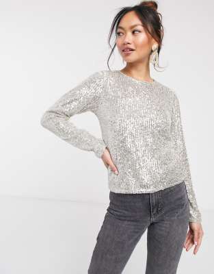 silver sequin top with sleeves