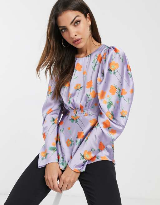 ASOS DESIGN long sleeve floral top with shirring