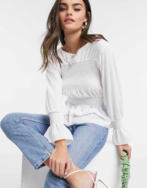 ASOS DESIGN long sleeve top with shirred panel in ivory | ASOS