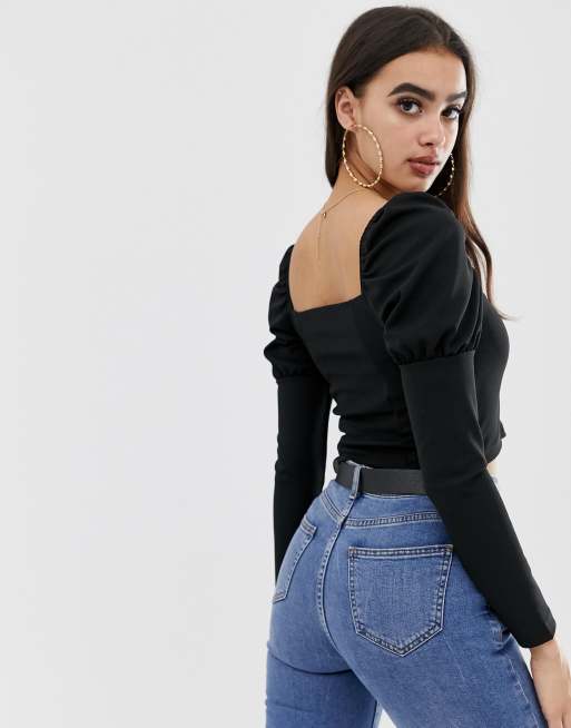 ASOS DESIGN long sleeve top with square neck and puff sleeve in black