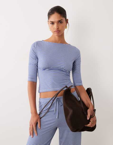 ASOS DESIGN long sleeve top with tie detail in stripe (part of a set) - view 1