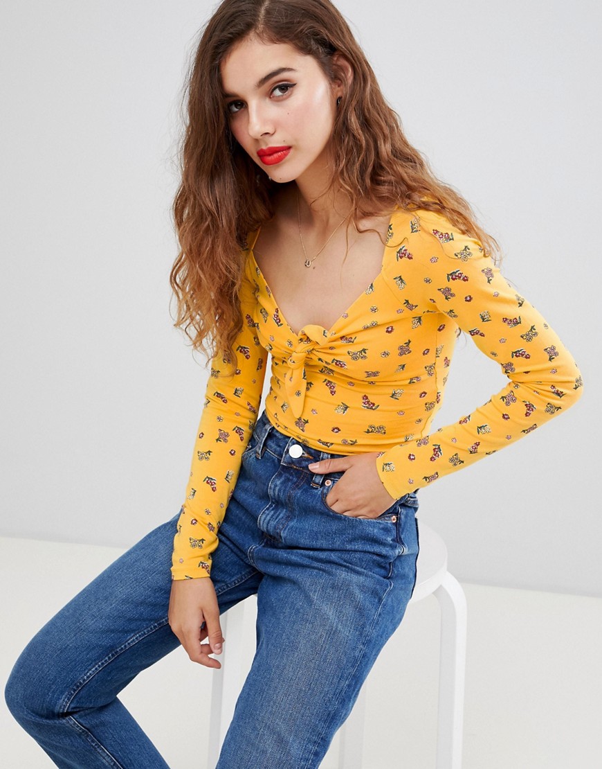 ASOS DESIGN long sleeve top with tie front detail in ditsy floral print-Multi