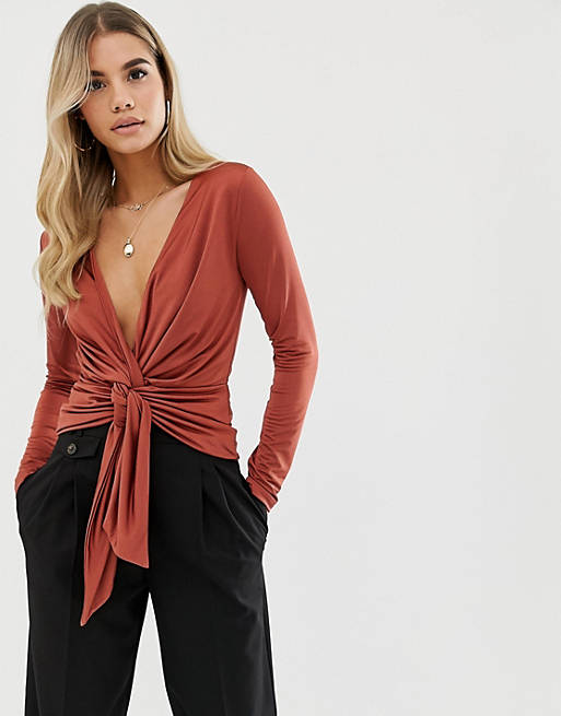 ASOS DESIGN long sleeve top with twist and knot front detail