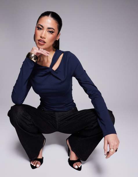 ASOS DESIGN long sleeve top with twist detail in navy - view 1