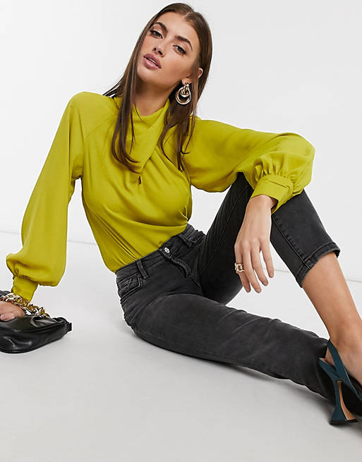 ASOS DESIGN long sleeve top with twist neck detail in chartreuse