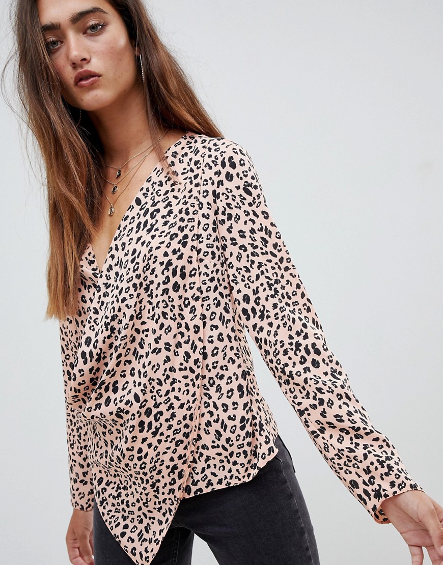 ASOS DESIGN long sleeve top with wrap plunge neck in leopard animal print-Multi