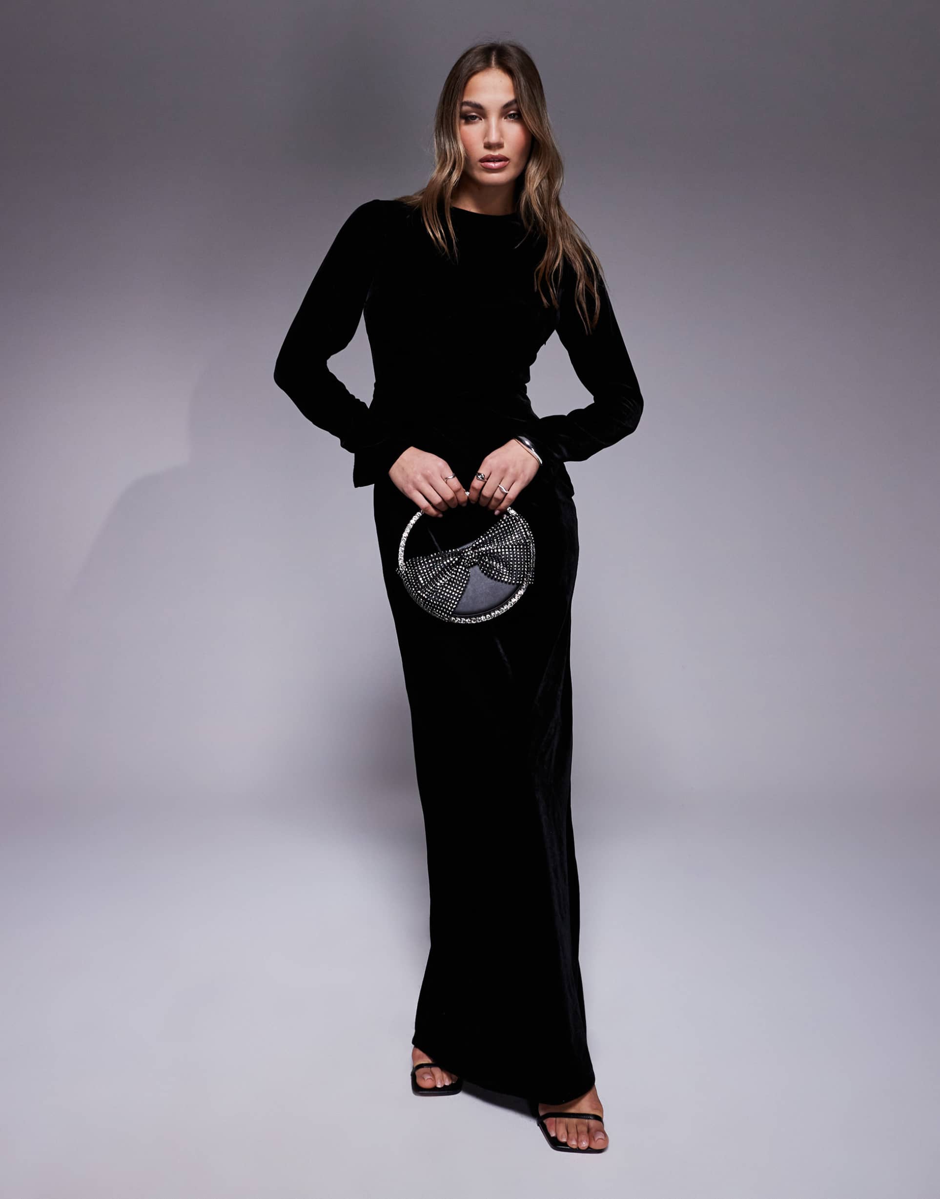 asos design long sleeve tucked velvet bias maxi dress in black