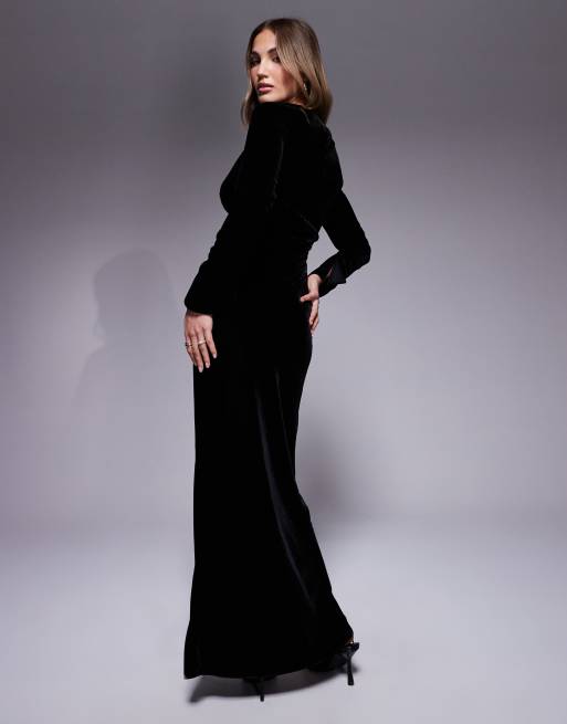 ASOS DESIGN long sleeve tucked velvet bias maxi dress in black
