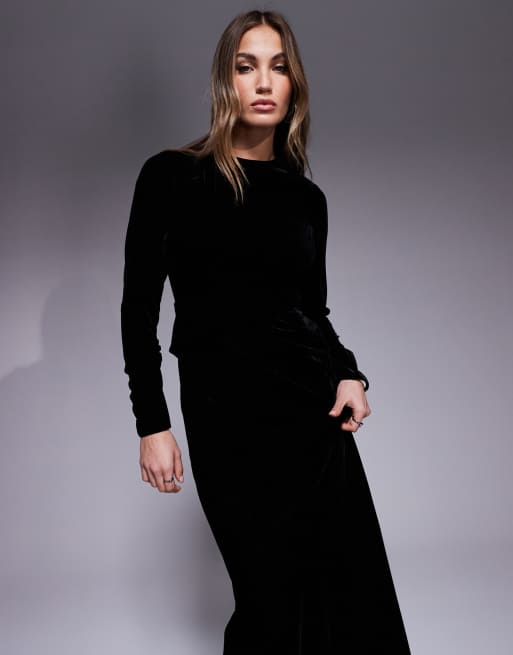 ASOS DESIGN long sleeve tucked velvet bias maxi dress in black