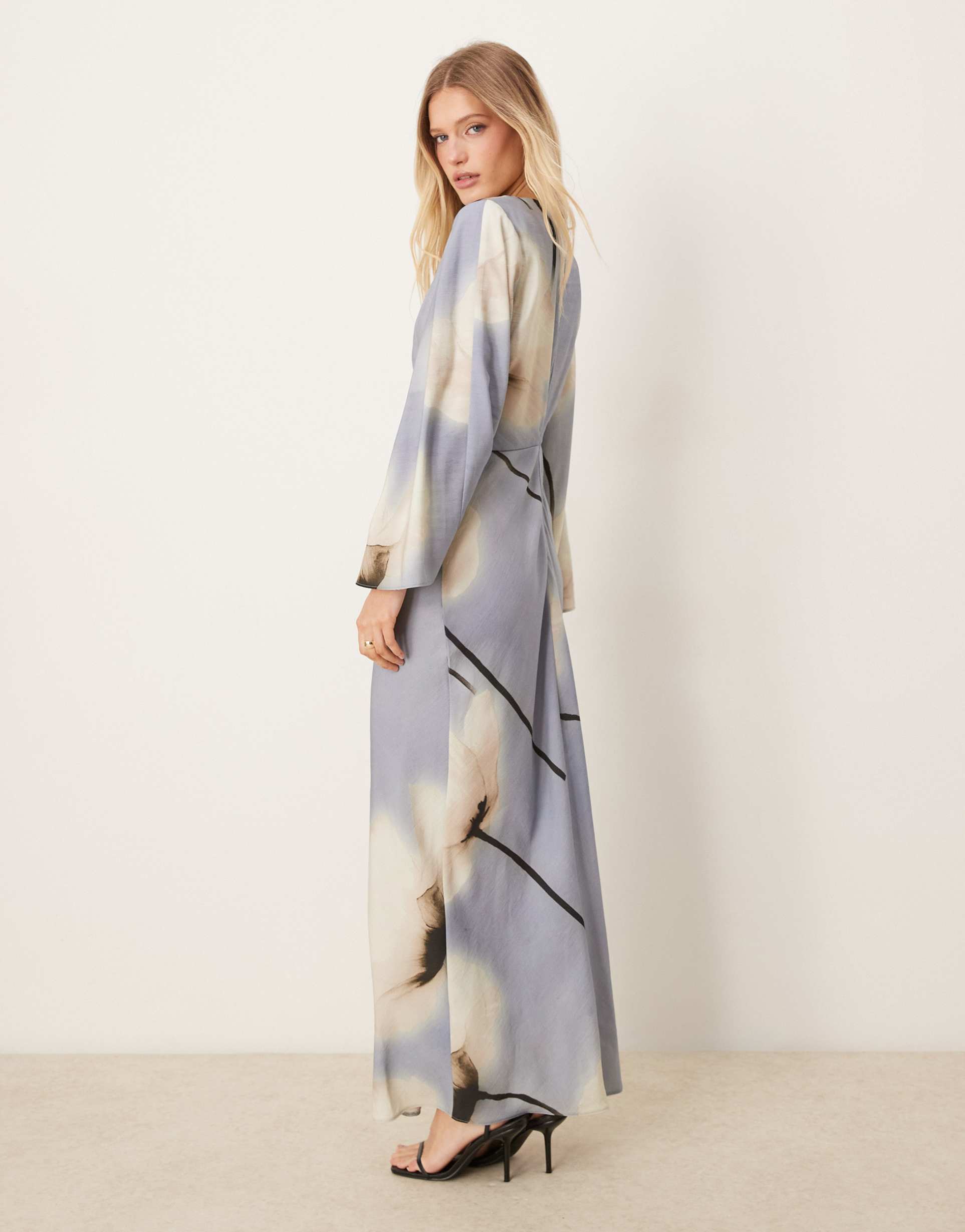asos design long sleeve tucked waist bias cut maxi dress in blue bold floral print