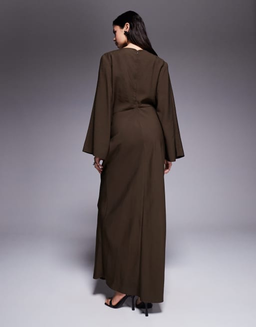 ASOS DESIGN long sleeve tucked waist bias cut maxi dress in chocolate