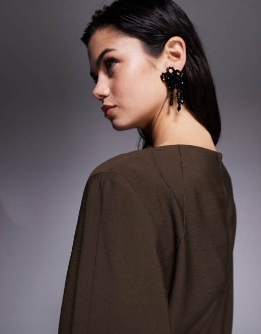 ASOS DESIGN long sleeve tucked waist bias cut maxi dress in chocolate