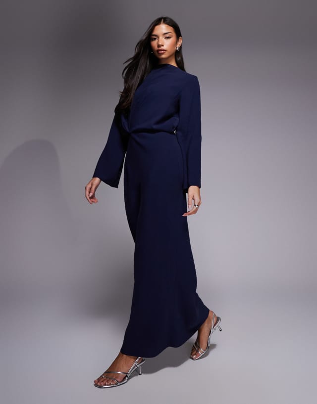 ASOS DESIGN long sleeve tucked waist bias cut maxi dress in chocolate