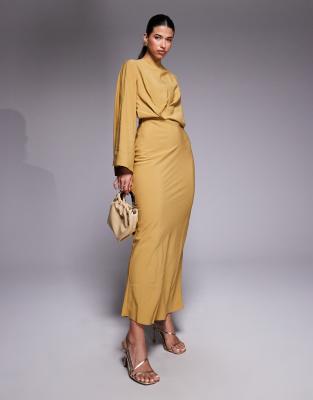 ASOS DESIGN long sleeve tucked waist bias cut maxi dress in gold