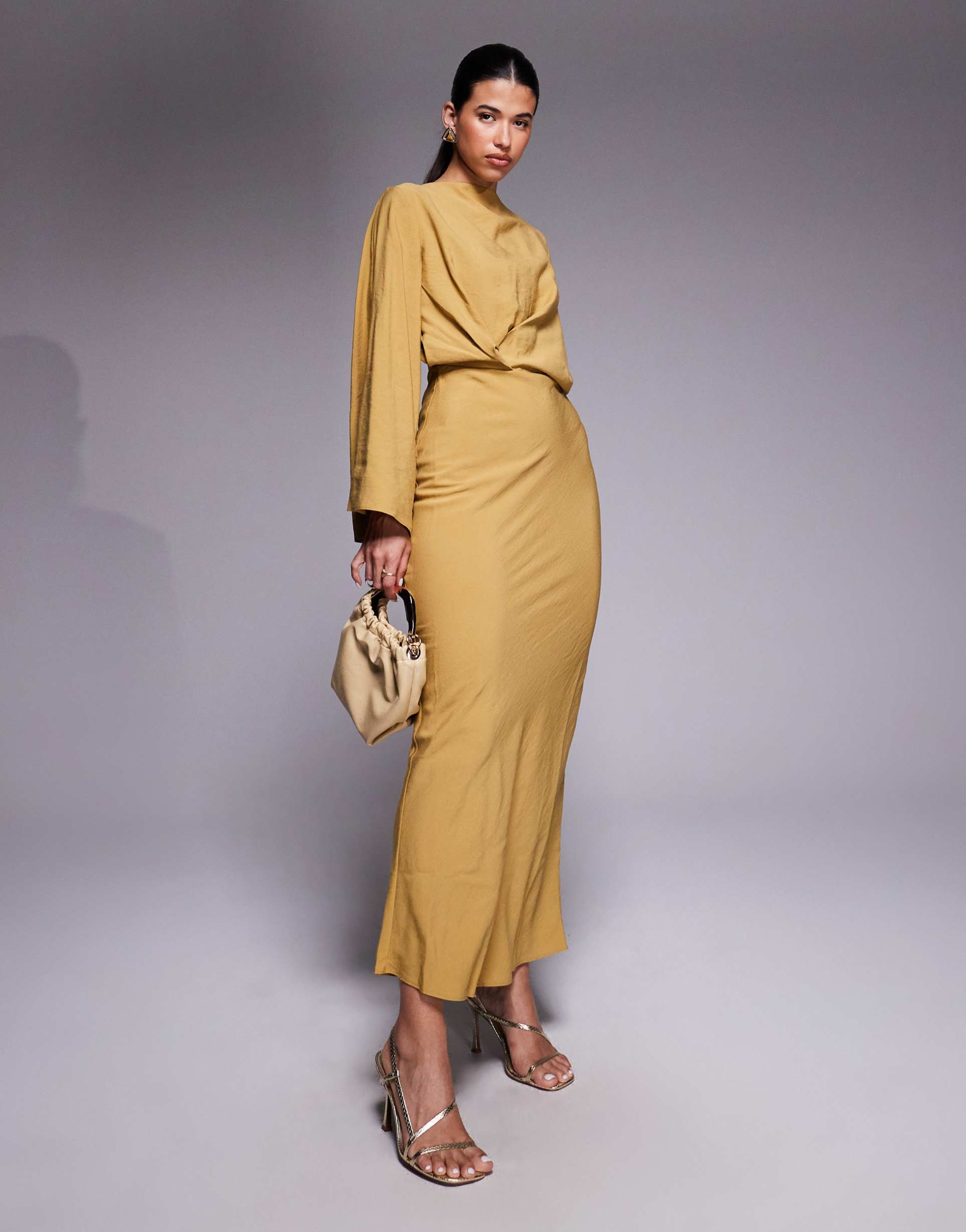 asos design long sleeve tucked waist bias cut maxi dress in gold