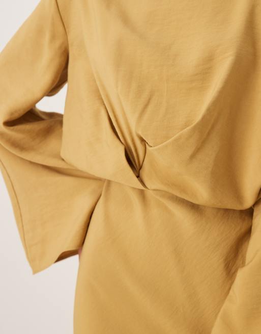 ASOS DESIGN long sleeve tucked waist bias cut maxi dress in gold