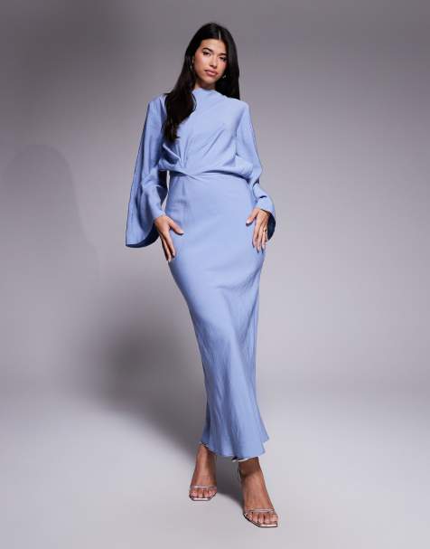 ASOS DESIGN long sleeve tucked waist bias maxi dress in blue - view 1