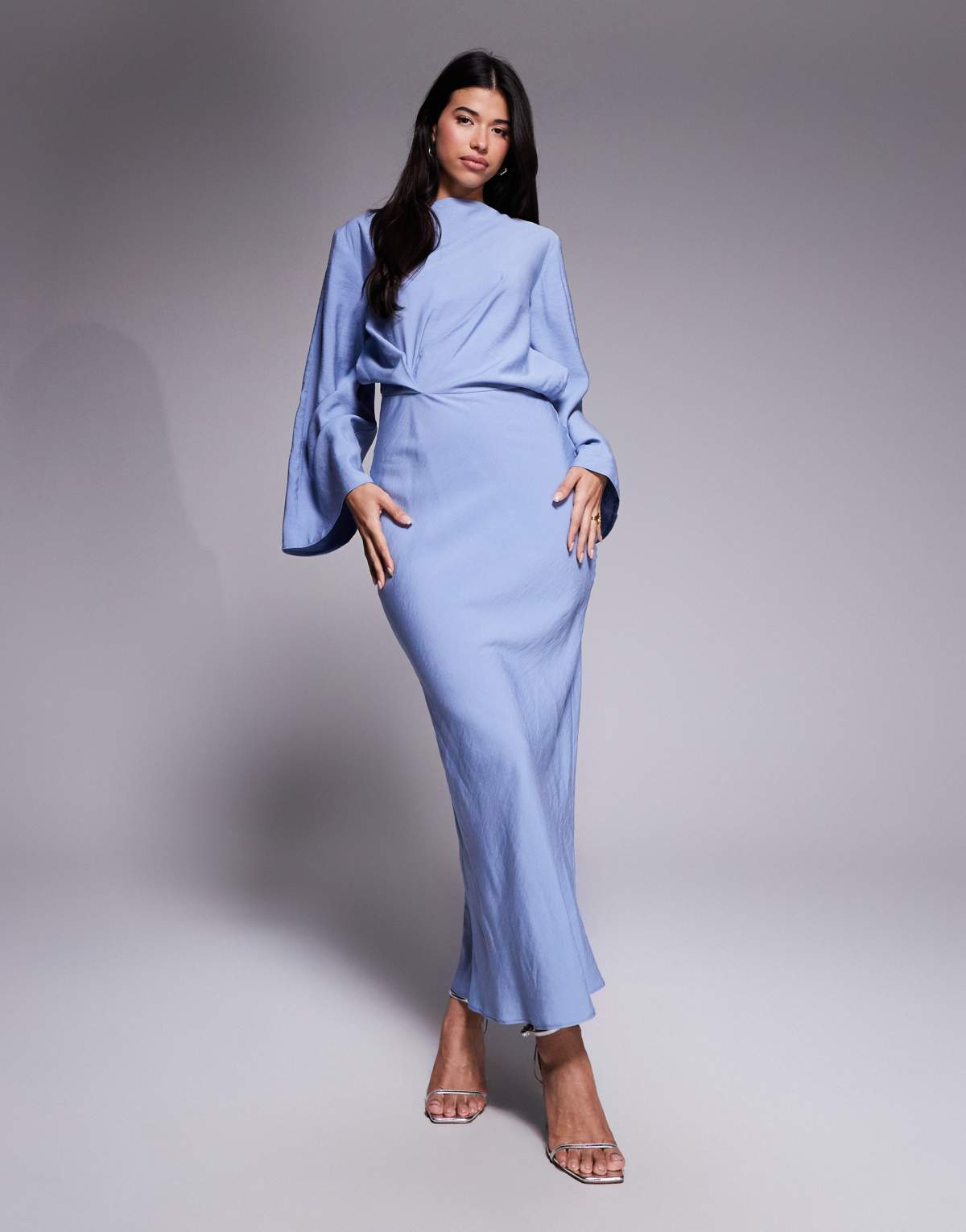 ASOS DESIGN long sleeve tucked waist bias maxi dress in blue