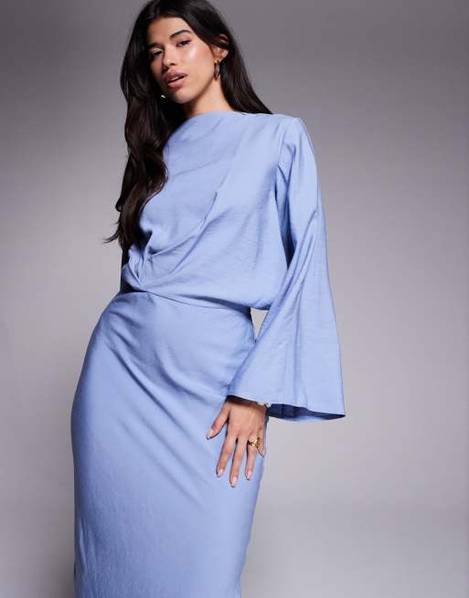 ASOS DESIGN long sleeve tucked waist bias maxi dress in blue